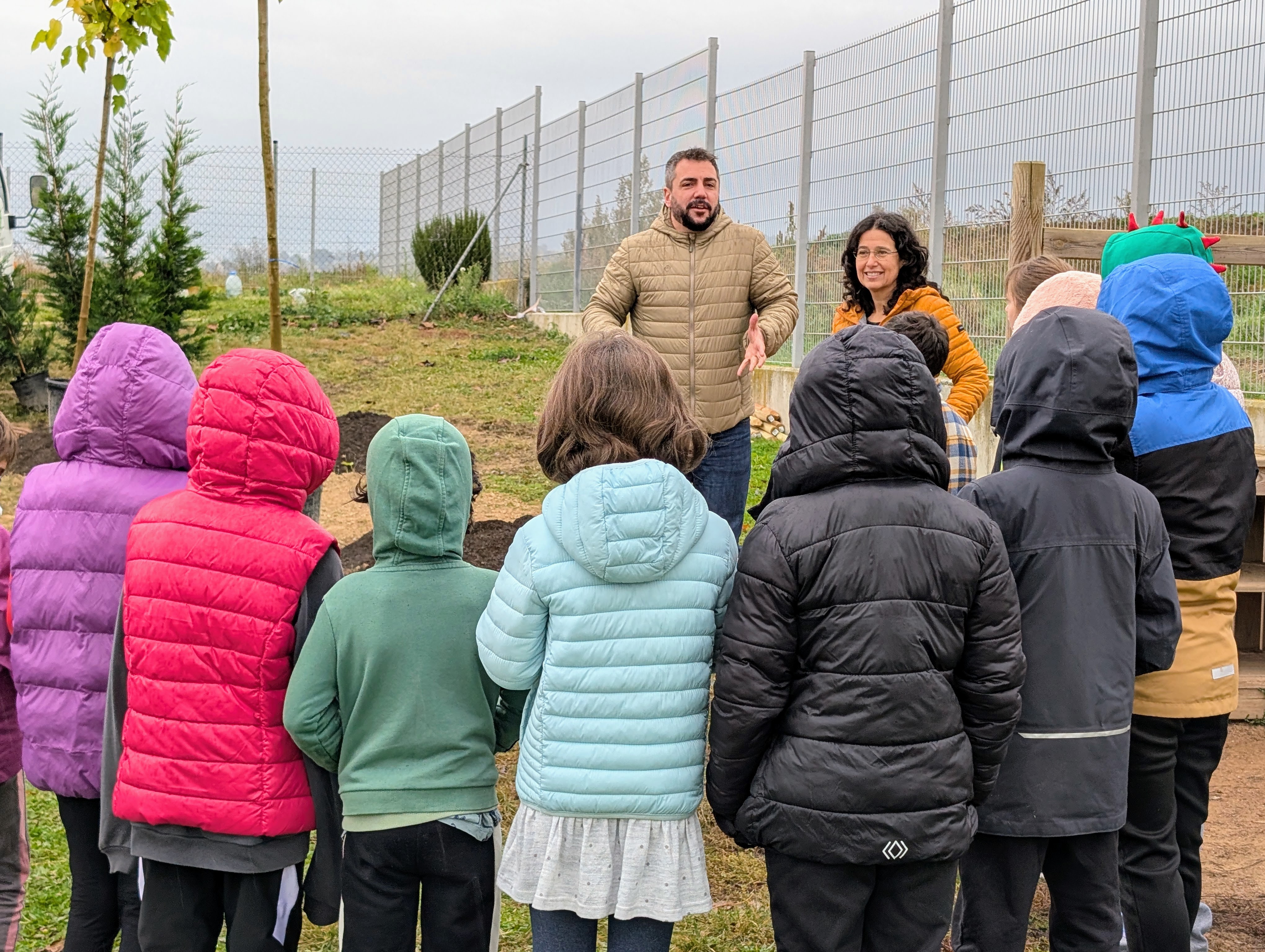 Alumnes de l'escola Emili Teixidor planten nous arbres al pati del centre per crear una nova zona d'ombra